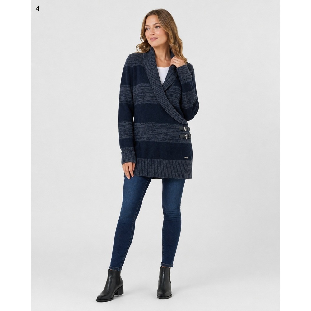 Guess Sweater Womens Small Black‎ Grey Stripe Shawl Collar Buckle Detail Cotton